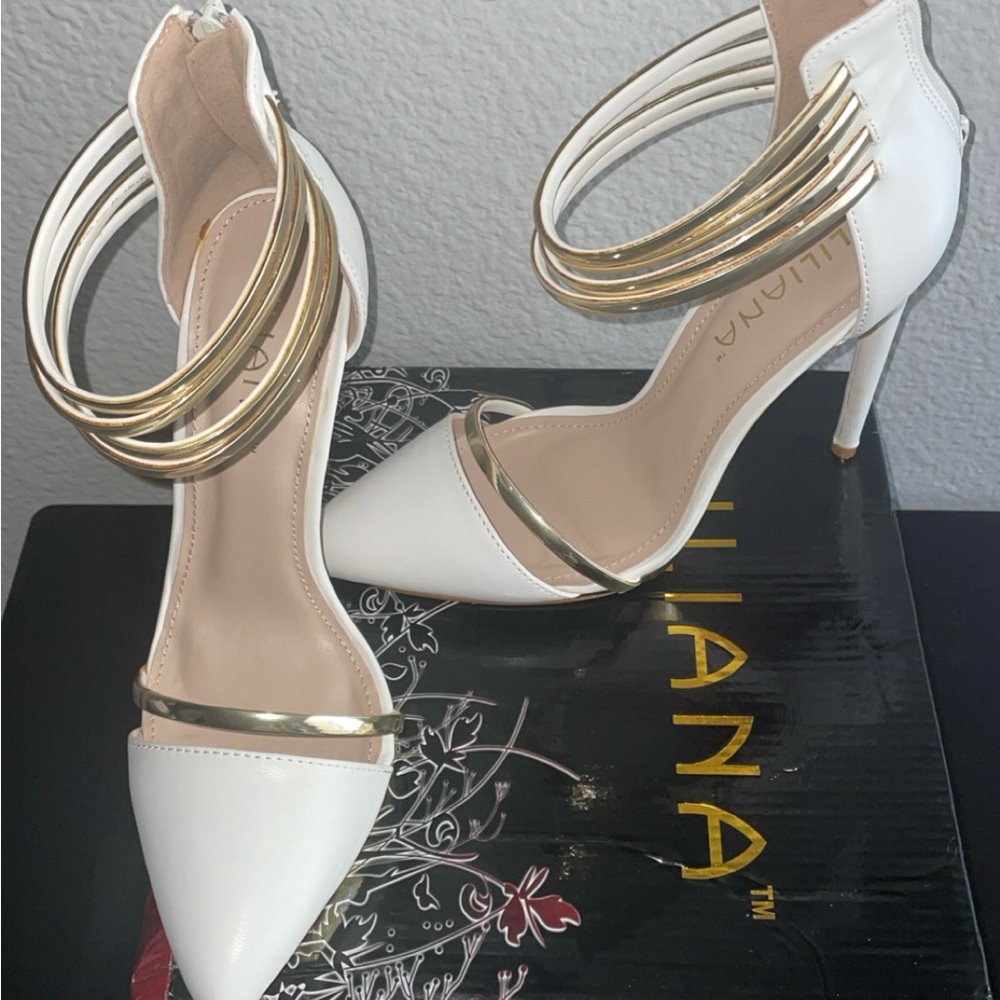 Liliana White and Gold Strappy Heels